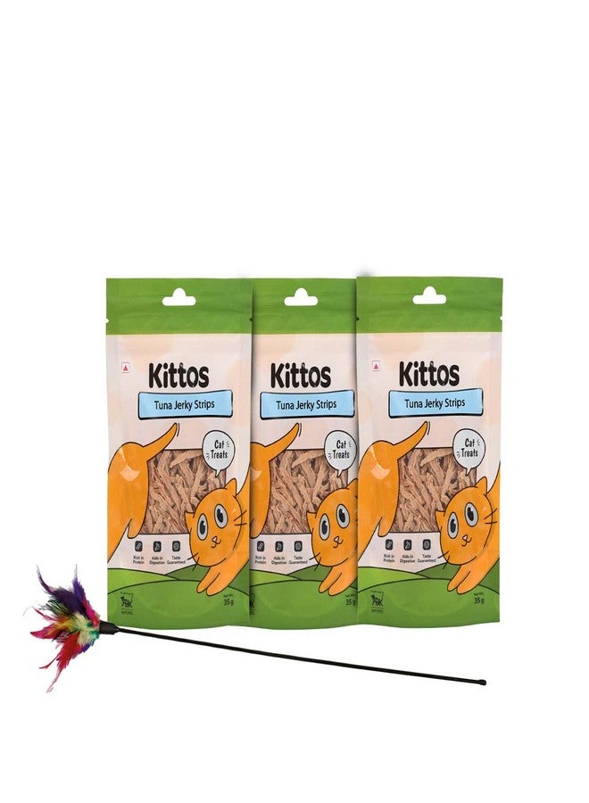 تريكسي عرض مميز - عصا لعب تريكسي مع ريش، لعبة تفاعلية لتحفيز القطط، 50 سم، مع 3 عبوات من مكافآت كيتوس الغنية بالبروتين بنكهة التونة المجففة اللذيذة لتدريب القطط - Image 1